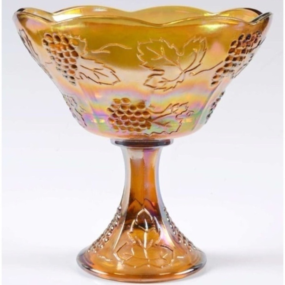 Indiana Glass Marigold Carnival Glass Compote Harvest Grape Iridescent Pedestal